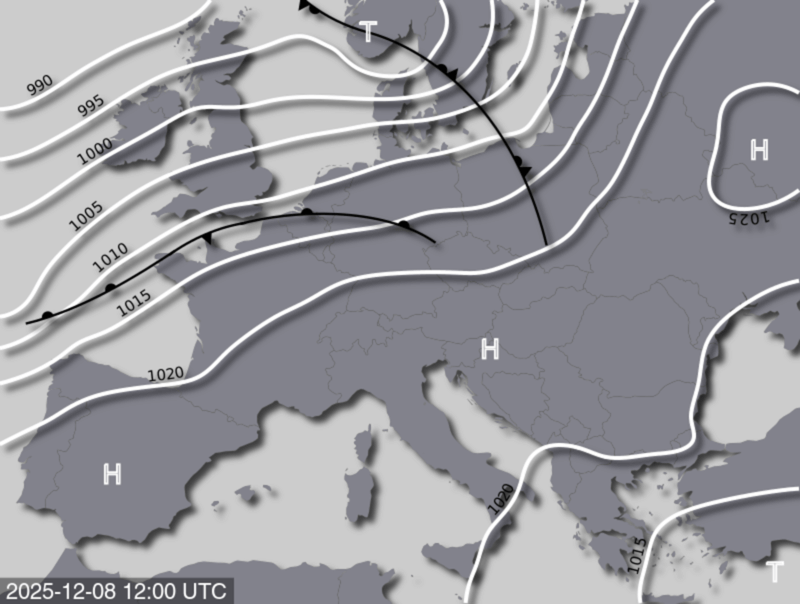 Bodendruck- und Frontenkarte für Montag, 8. Dezember 2025, 13:00 MEZ (Quelle: UBIMET)