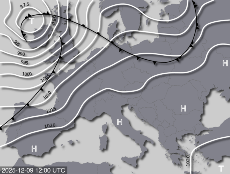 Bodendruck- und Frontenkarte für Dienstag, 9. Dezember 2025, 13:00 MEZ (Quelle: UBIMET)