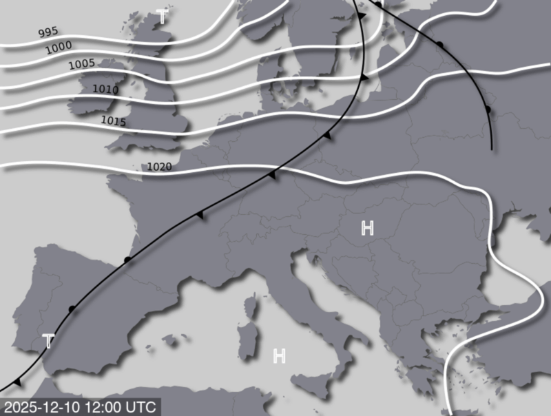 Bodendruck- und Frontenkarte für Mittwoch, 10. Dezember 2025, 13:00 MEZ (Quelle: UBIMET)