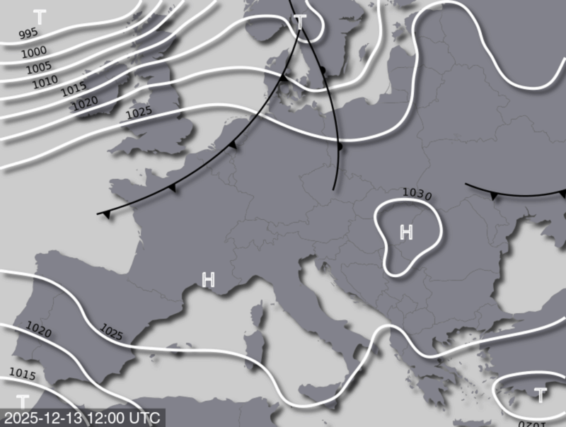 Bodendruck- und Frontenkarte für Samstag, 13. Dezember 2025, 13:00 MEZ (Quelle: UBIMET)