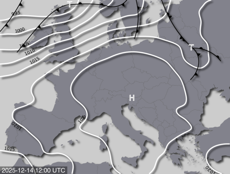 Bodendruck- und Frontenkarte für Sonntag, 14. Dezember 2025, 13:00 MEZ (Quelle: UBIMET)
