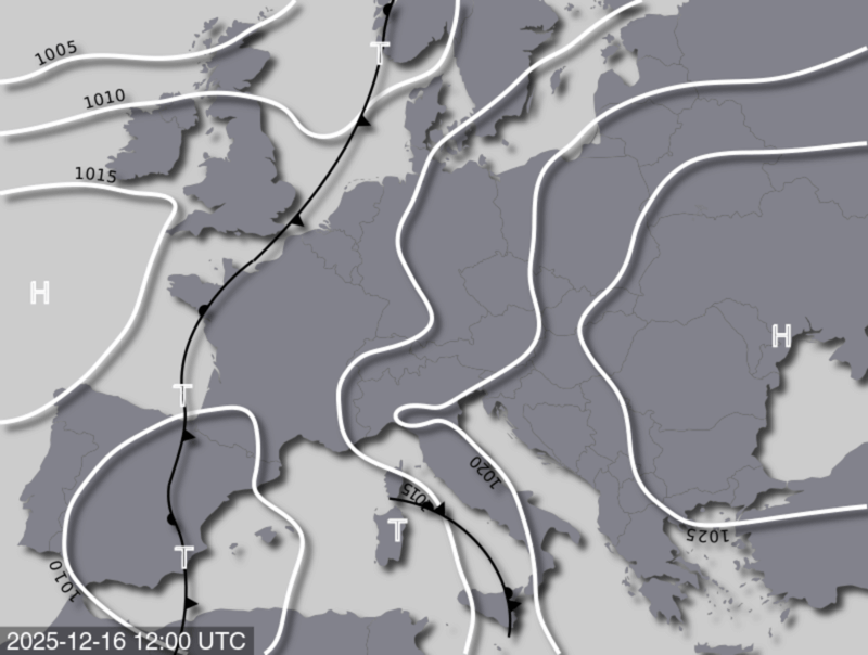 Bodendruck- und Frontenkarte für Dienstag, 16. Dezember 2025, 13:00 MEZ (Quelle: UBIMET)