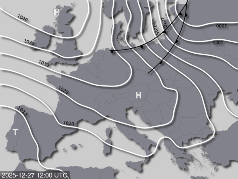 Bodendruck- und Frontenkarte für Samstag, 27. Dezember 2025, 13:00 MEZ (Quelle: UBIMET)