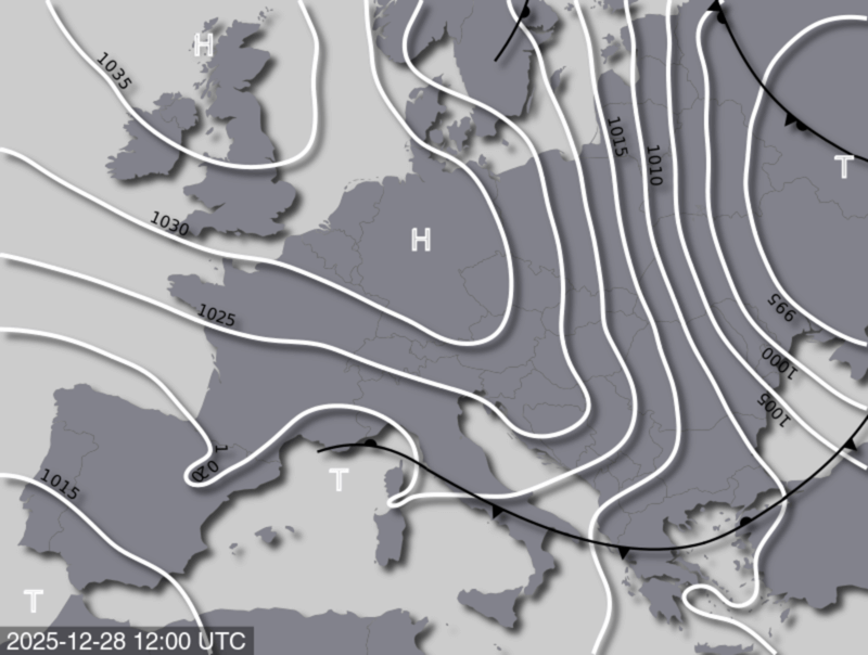 Bodendruck- und Frontenkarte für Sonntag, 28. Dezember 2025, 13:00 MEZ (Quelle: UBIMET)
