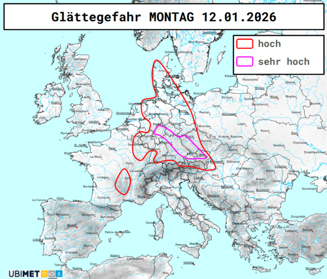 Glättegefahr am Montag 12.01.2026 - www.uwz.at, UBIMET