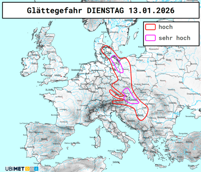 Glättegefahr am Dienstag 13.01.2026 - www.uwz.at, UBIMET