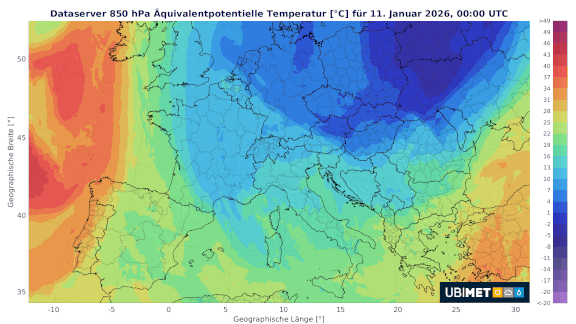 Animation der Luftmassen (Dunkelblau = sehr kalt, Orange = mild) bis Dienstag 13.01.2026. Aus Westen wird es in der Höhe deutlich milder - UBIMET
