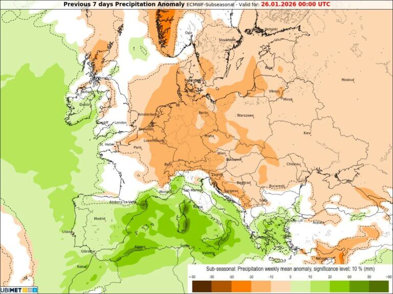 Prognose der Niederschlagsabweichung für die kommende Woche - ECMWF