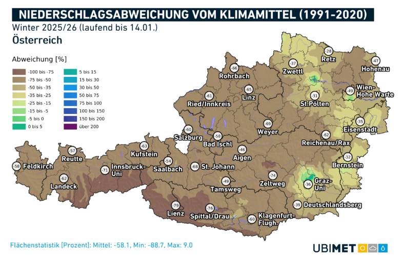 Niederschlagsabweichung vom langjährigen Klimamittel für den Winter 2025/2026 (bis zum 14.01.) - UBIMET