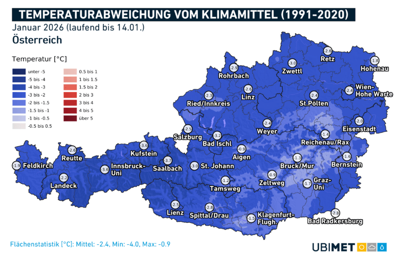 Temperaturabweichung vom langjährigen Klimamittel für den Jänner 2026 (bis zum 14.01.) - UBIMET