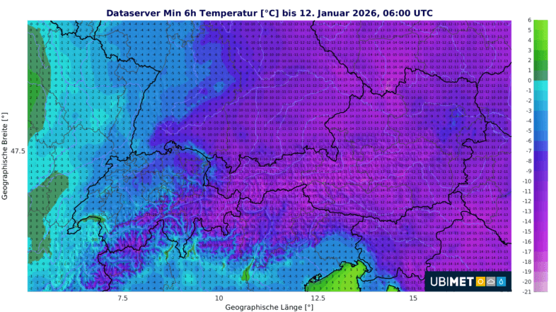 Prognose der Temperaturminima am Montag in der Früh - UBIMET