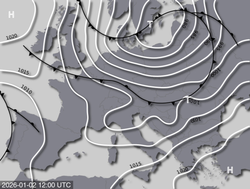 Bodendruck- und Frontenkarte für Freitag, 02. Jänner 2026, 13:00 MEZ (Quelle: UBIMET)