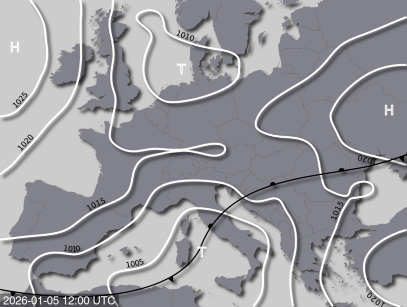 Bodendruck- und Frontenkarte für Montag, 05. Jänner 2026, 13:00 MEZ (Quelle: UBIMET)