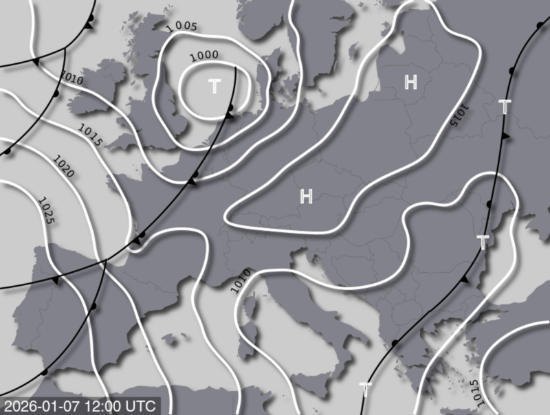 Bodendruck- und Frontenkarte für Mittwoch, 06. Jänner 2026, 13:00 MEZ (Quelle: UBIMET)