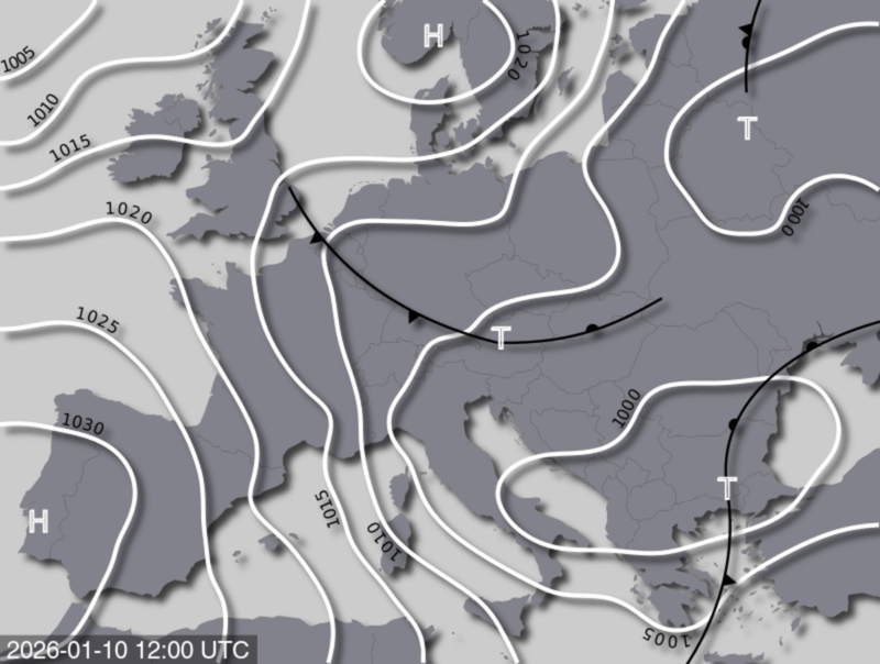 Bodendruck- und Frontenkarte für Samstag, 10. Jänner 2026, 13:00 MEZ (Quelle: UBIMET)