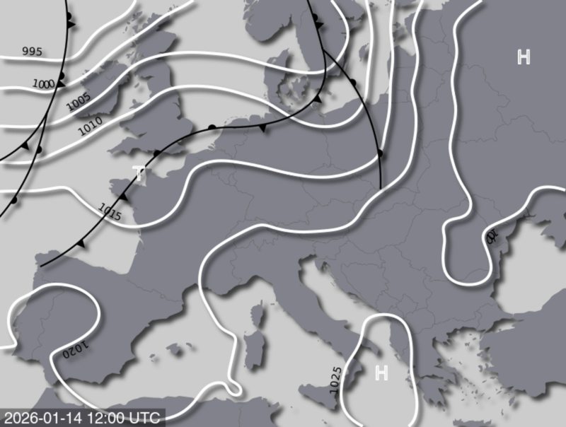 Bodendruck- und Frontenkarte für Mittwoch, 14. Jänner 2026, 13:00 MEZ (Quelle: UBIMET)
