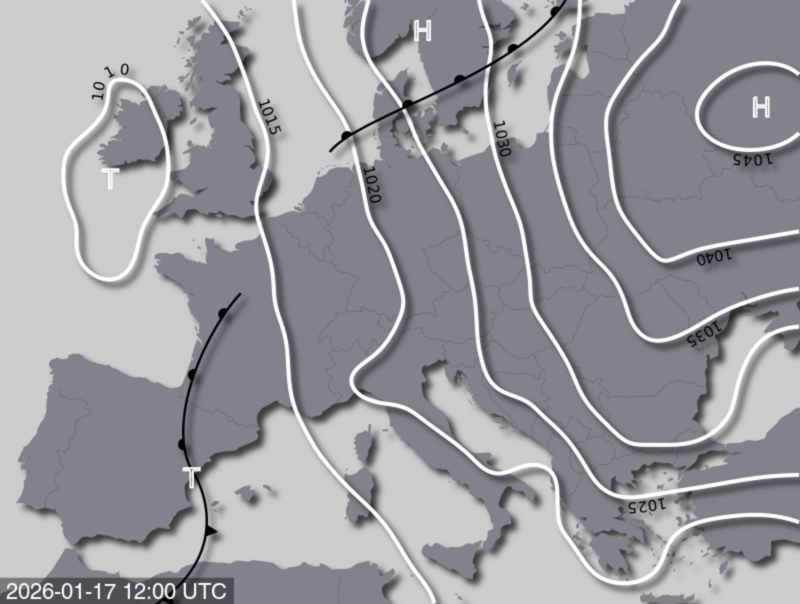 Bodendruck- und Frontenkarte für Samstag, 17. Jänner 2026, 13:00 MEZ (Quelle: UBIMET)