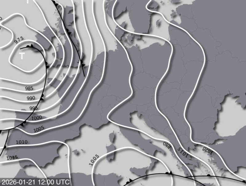 Bodendruck- und Frontenkarte für Mittwoch, 21. Jänner 2026, 13:00 MEZ (Quelle: UBIMET)