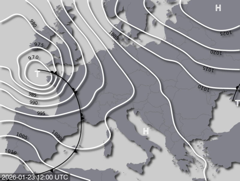 Bodendruck- und Frontenkarte für Freitag, 23. Jänner 2026, 13:00 MEZ (Quelle: UBIMET)