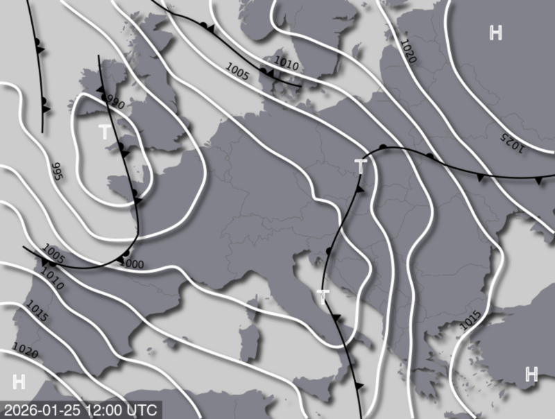 Bodendruck- und Frontenkarte für Sonntag, 25. Jänner 2026, 13:00 MEZ (Quelle: UBIMET)