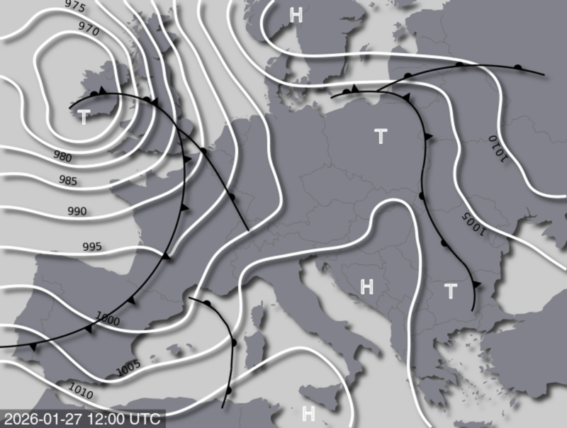 Bodendruck- und Frontenkarte für Dienstag, 27. Jänner 2026, 13:00 MEZ (Quelle: UBIMET)