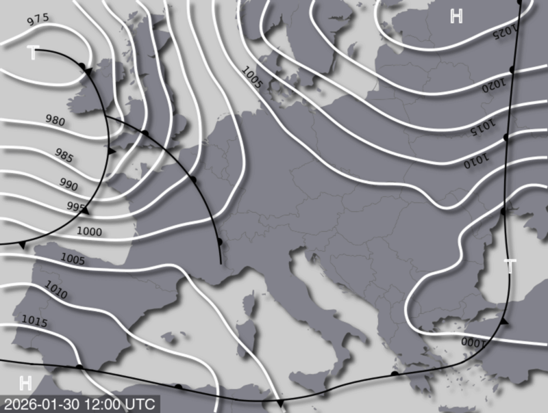 Bodendruck- und Frontenkarte für Freitag, 30. Jänner 2026, 13:00 MEZ (Quelle: UBIMET)