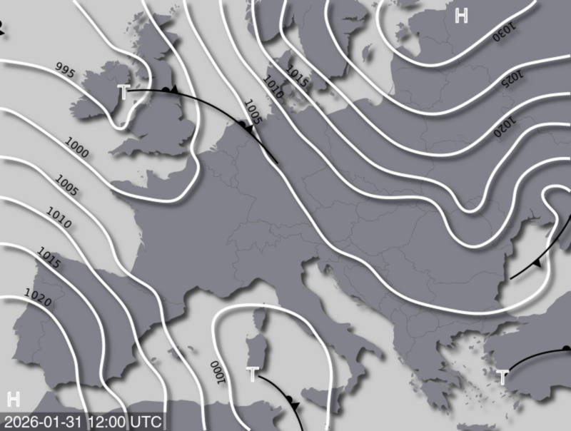 Bodendruck- und Frontenkarte für Samstag, 31. Jänner 2026, 13:00 MEZ (Quelle: UBIMET)