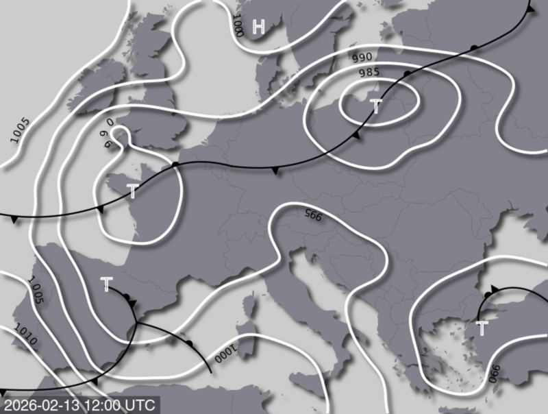 Bodendruck- und Frontenkarte für Donnerstag, 13. Februar 2026, 13:00 MEZ (Quelle: UBIMET)