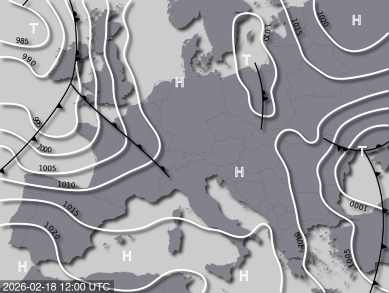 Bodendruck- und Frontenkarte für Mittwoch, 18. Februar 2026, 13:00 MEZ (Quelle: UBIMET)