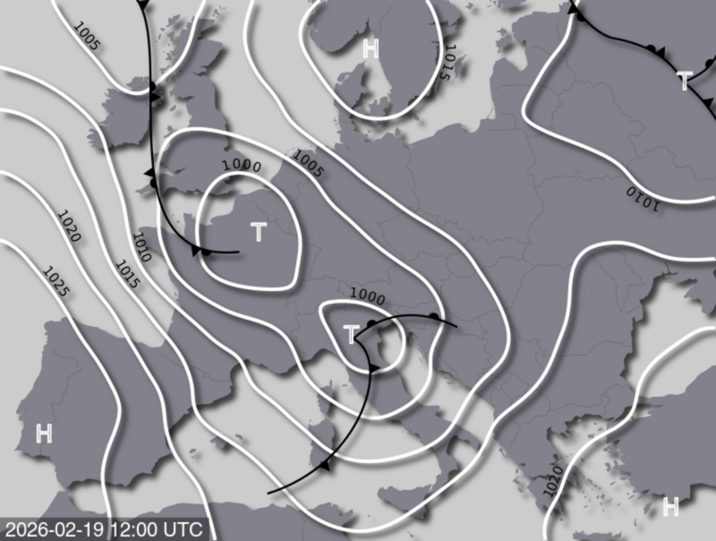 Bodendruck- und Frontenkarte für Donnerstag, 19. Februar 2026, 13:00 MEZ (Quelle: UBIMET)