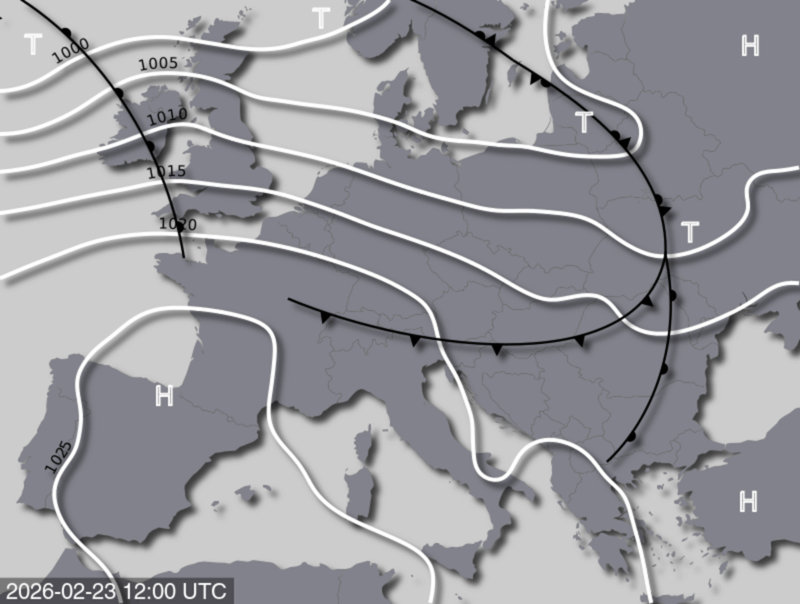 Bodendruck- und Frontenkarte für Montag, 23. Februar 2026, 13:00 MEZ (Quelle: UBIMET)