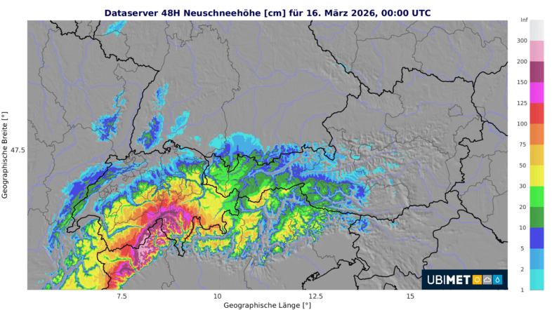 Prognostizierte Neuschneesumme im Alpenraum am Wochenende - UBIMET