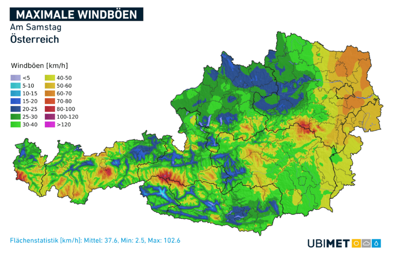 Prognose der maximalen Windböen aus Süd bis Südost am Samstag - UBIMET