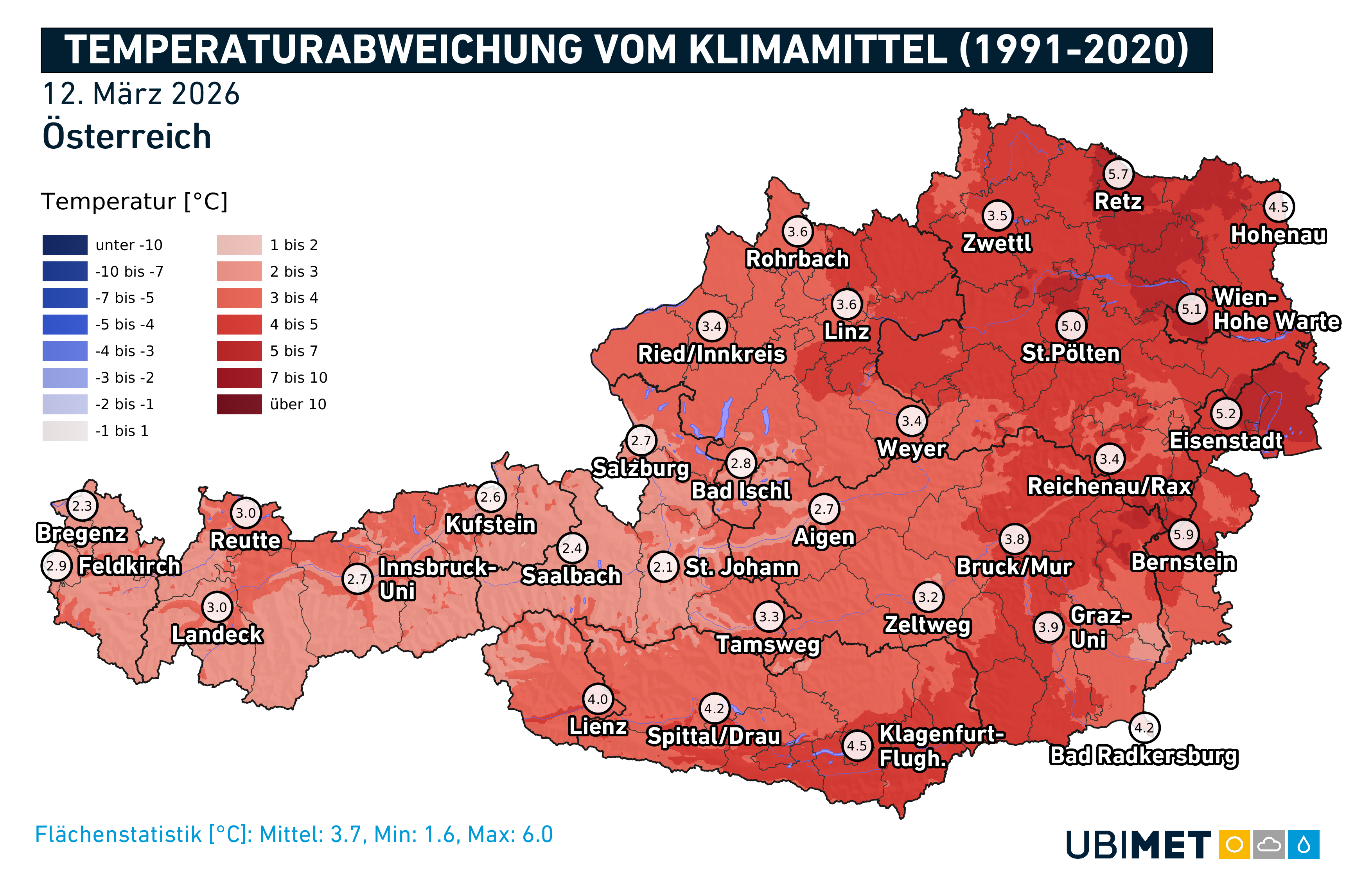 Temperaturabweichung vom Klimamittel 1991-2020 im bisherigen März - UBIMET