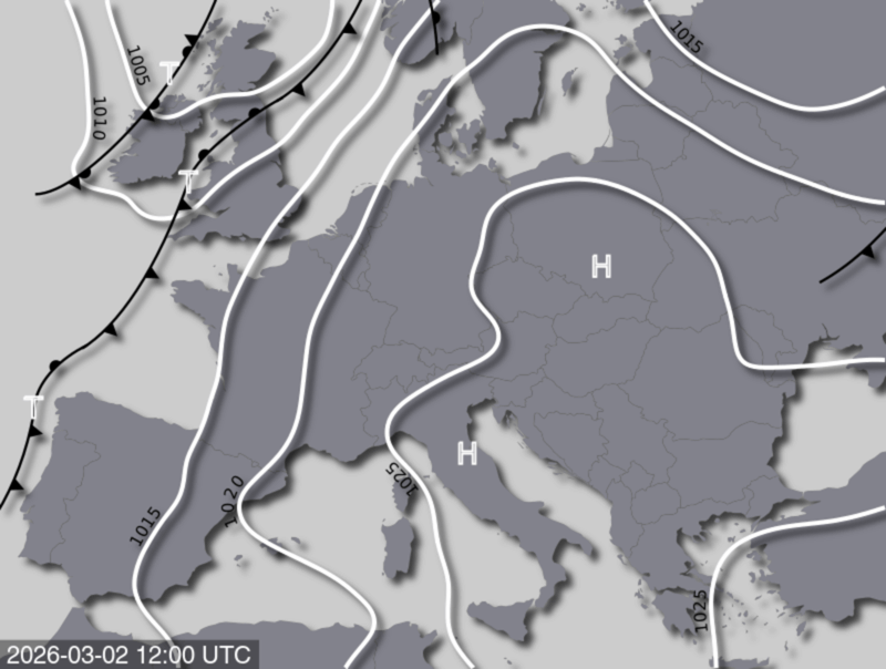 Bodendruck- und Frontenkarte für Montag, 02. März 2026, 13:00 MEZ (Quelle: UBIMET)