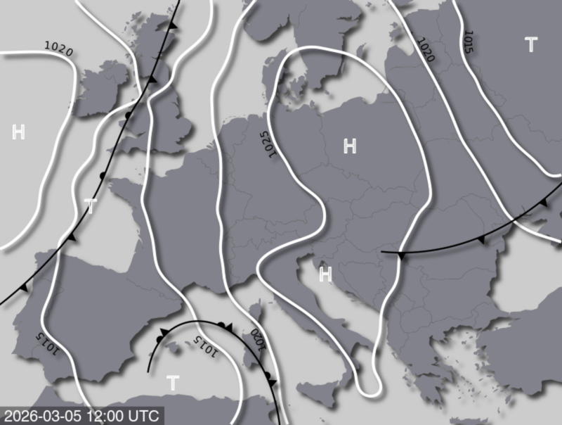 Bodendruck- und Frontenkarte für Donnerstag, 05. März 2026, 13:00 MEZ (Quelle: UBIMET)