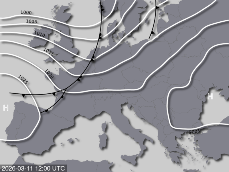Bodendruck- und Frontenkarte für Mittwoch, 11. März 2026, 13:00 MEZ (Quelle: UBIMET)