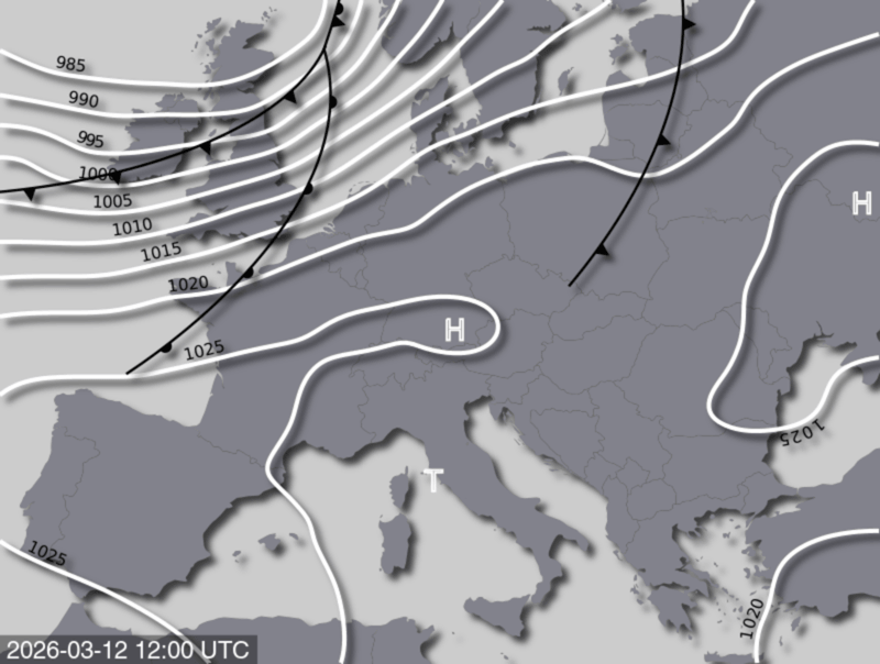 Bodendruck- und Frontenkarte für Donnerstag, 12. März 2026, 13:00 MEZ (Quelle: UBIMET)
