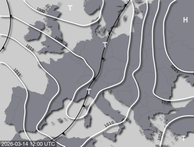 Bodendruck- und Frontenkarte für Samstag, 14. März 2026, 13:00 MEZ (Quelle: UBIMET)