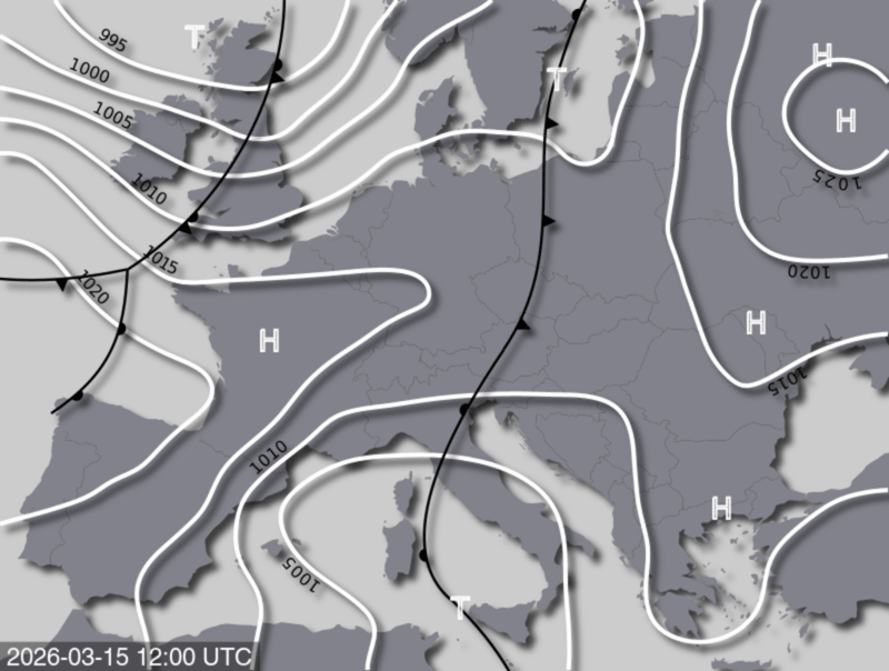 Bodendruck- und Frontenkarte für Sonntag, 15. März 2026, 13:00 MEZ (Quelle: UBIMET)