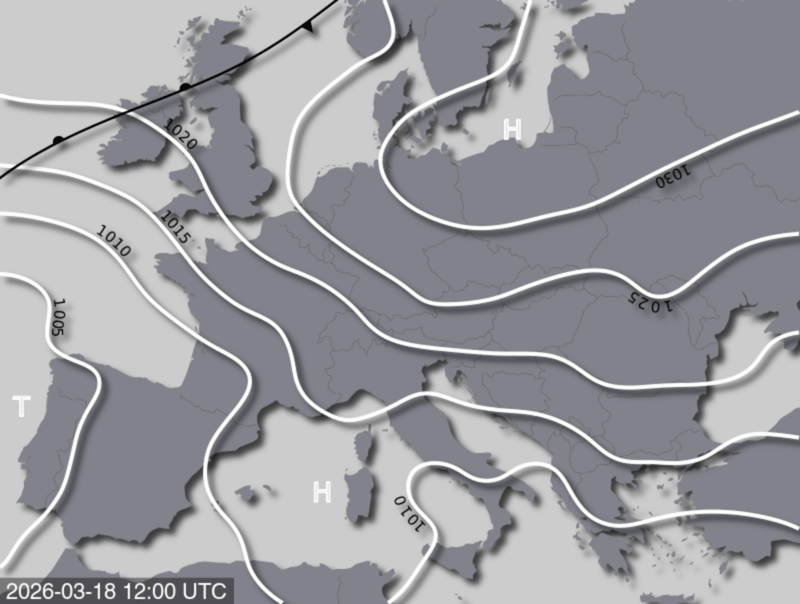 Bodendruck- und Frontenkarte für Mittwoch, 18. März 2026, 13:00 MEZ (Quelle: UBIMET)
