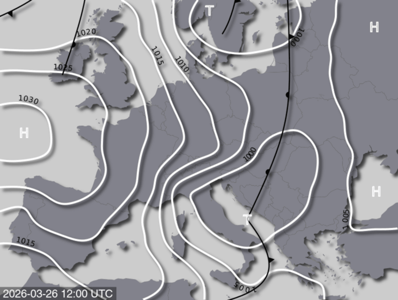 Bodendruck- und Frontenkarte für Donnerstag, 26. März 2026, 13:00 MEZ (Quelle: UBIMET)