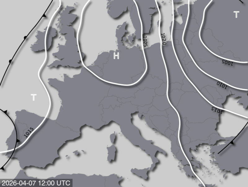 Bodendruck- und Frontenkarte für Dienstag, 7. April 2026, 14:00 MESZ (Quelle: UBIMET)