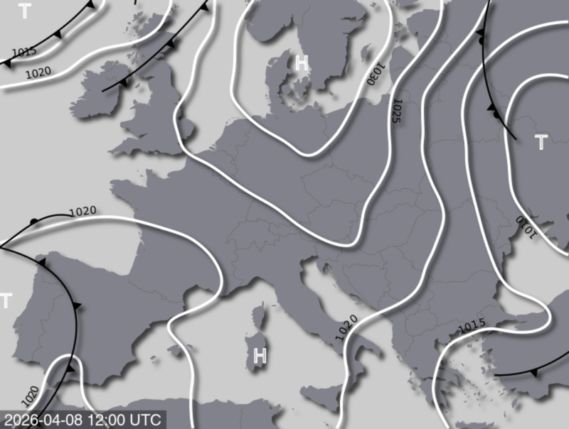 Bodendruck- und Frontenkarte für Mittwoch, 8. April 2026, 14:00 MESZ (Quelle: UBIMET)