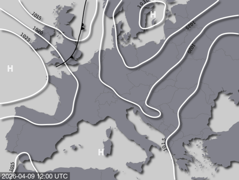 Bodendruck- und Frontenkarte für Donnerstag, 9. April 2026, 14:00 MESZ (Quelle: UBIMET)
