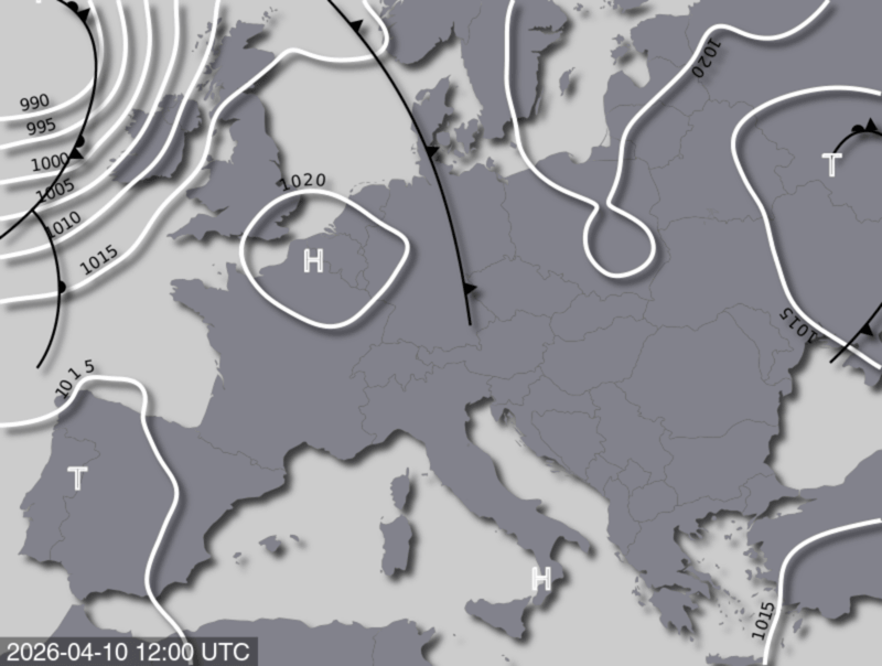 Bodendruck- und Frontenkarte für Freitag, 10. April 2026, 14:00 MESZ (Quelle: UBIMET)