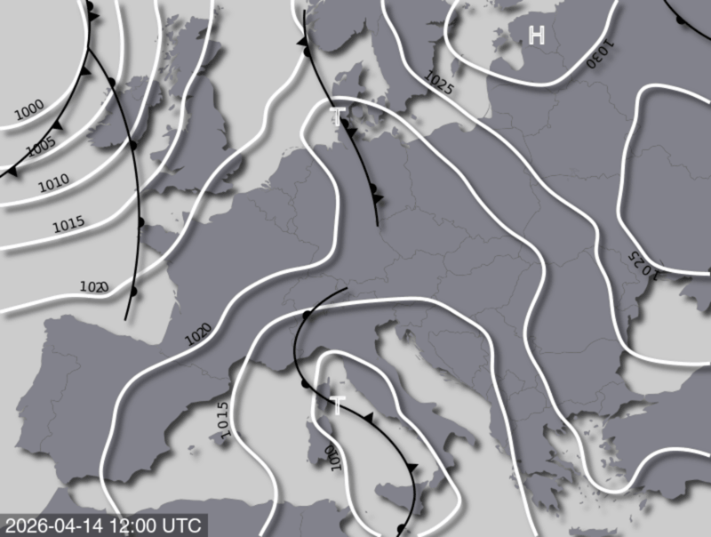 Bodendruck- und Frontenkarte für Dienstag, 14. April 2026, 14:00 MESZ (Quelle: UBIMET)