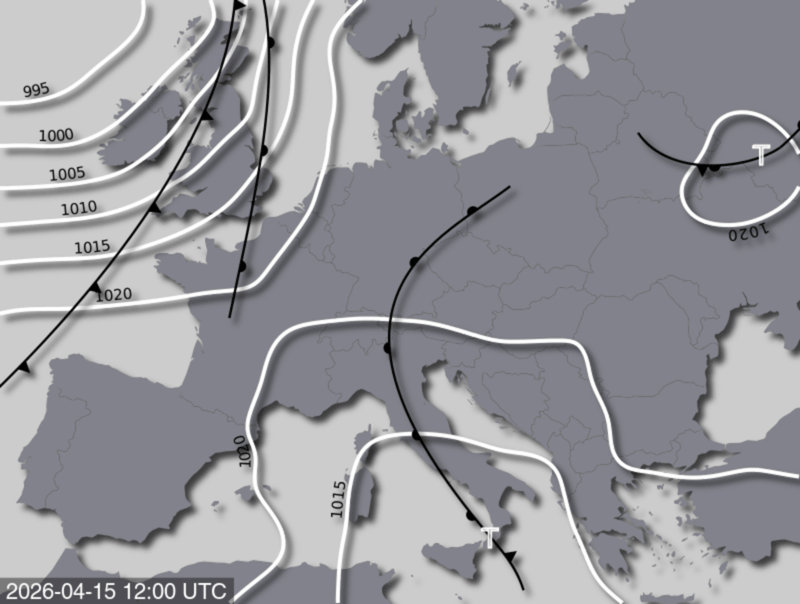 Bodendruck- und Frontenkarte für Mittwoch, 15. April 2026, 14:00 MESZ (Quelle: UBIMET)