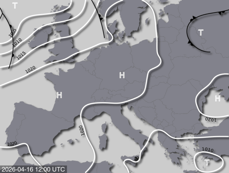 Bodendruck- und Frontenkarte für Donnerstag, 16. April 2026, 14:00 MESZ (Quelle: UBIMET)