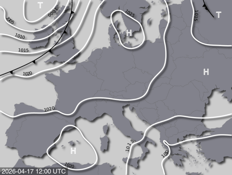 Bodendruck- und Frontenkarte für Freitag, 17. April 2026, 14:00 MESZ (Quelle: UBIMET)